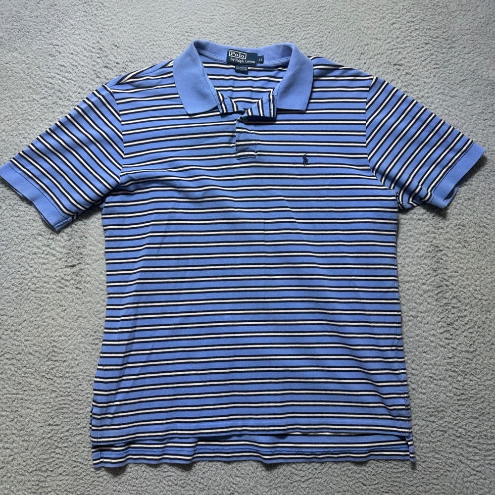 Polo Ralph Lauren Mens XL Blue Striped Short Sleeve Cotton Pique Polo Shirt 3307